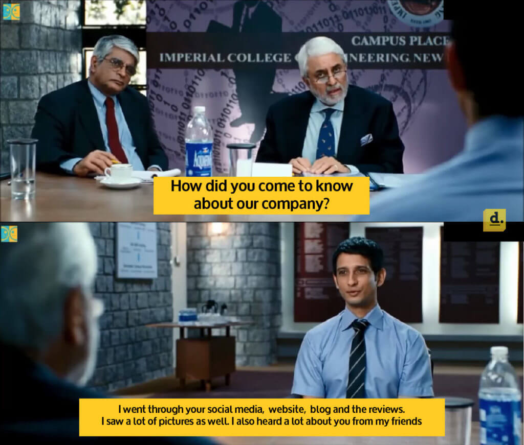 candidate answering in an interview regarding the brand, represented by 3 Idiots meme