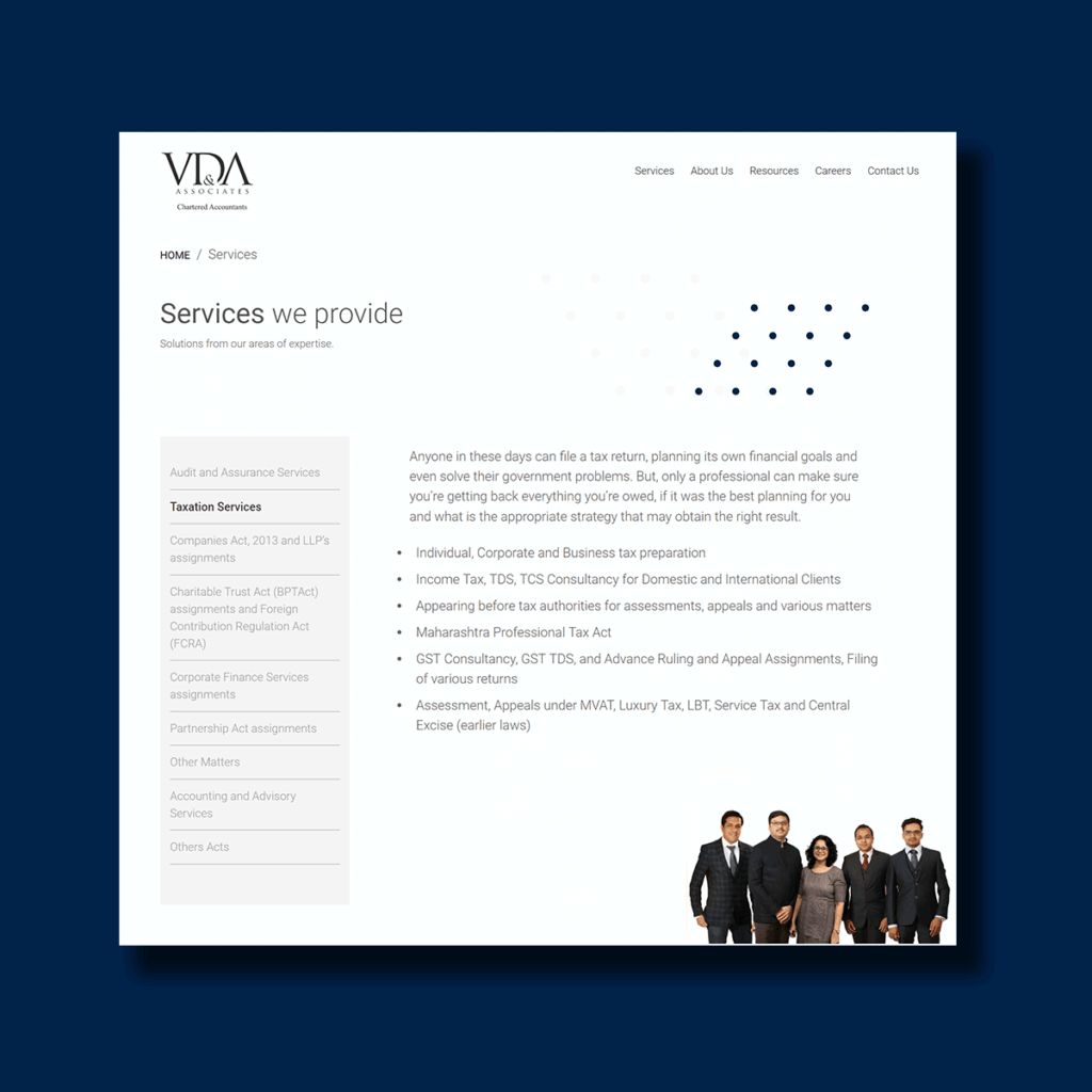 Interface of VDA & Associates' Service Page