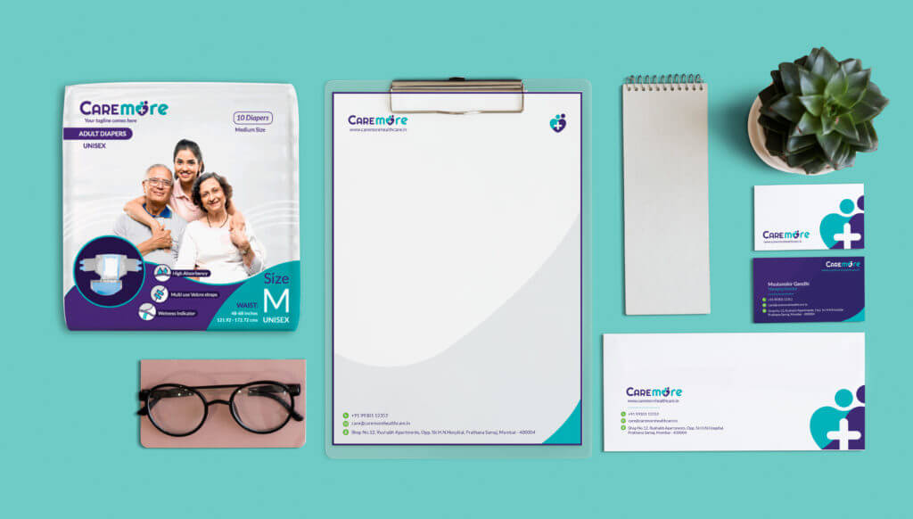Branded collateral which includes products, cards, letterheads, envelopes, writing pads, etc. following branding design language